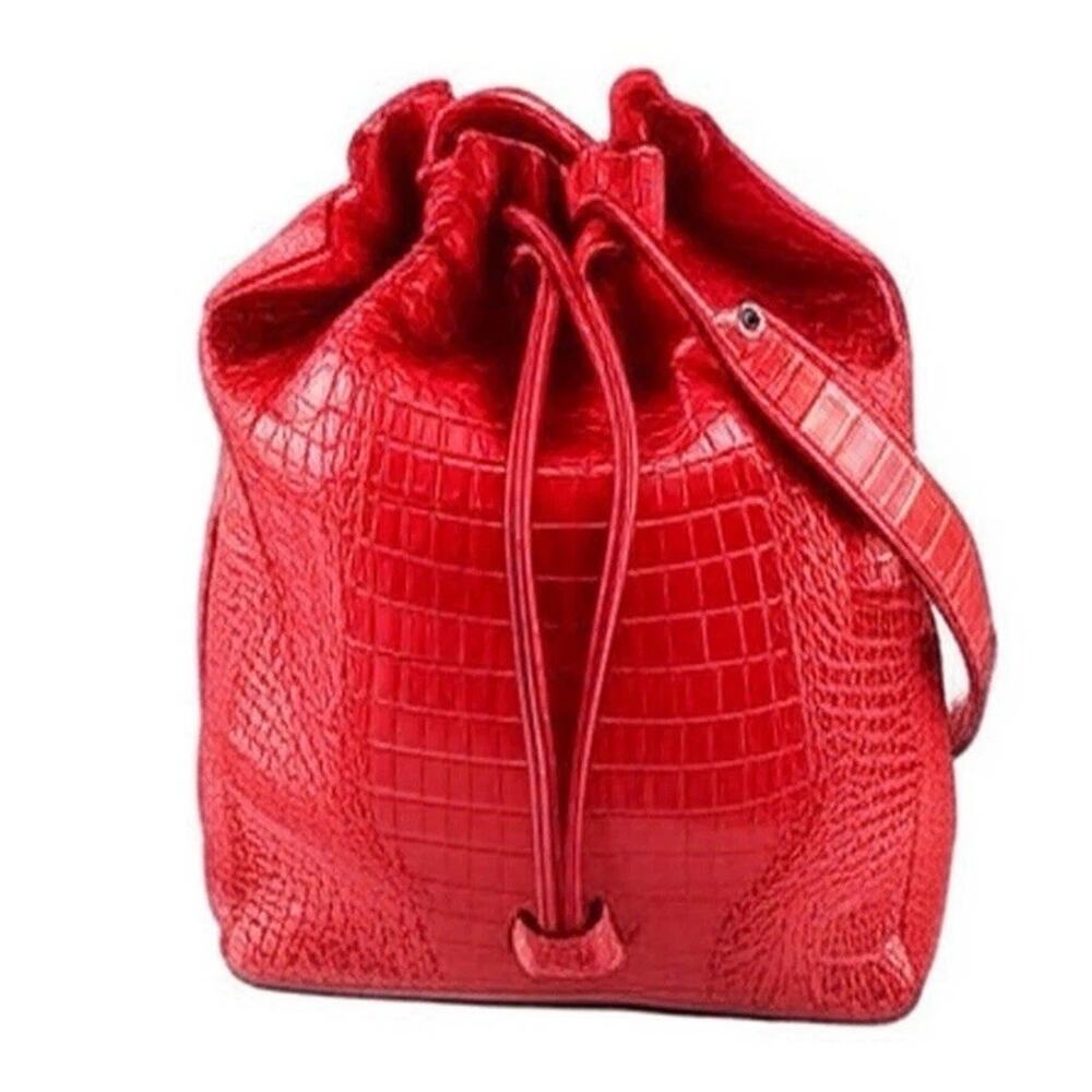 Rhonda Ochs Rare Red Genuine Crocodile Bucket Bag Adjustable Shoulder Strap